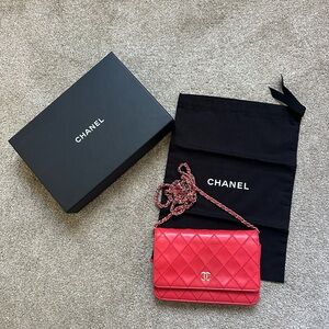 Authentic Chanel Diamond Stitch Red Wallet On Chain